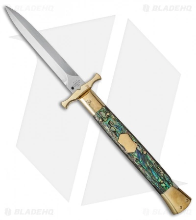 AGA Campolin 13" Bat Swinguard Automatic Brass/Abalone (5.75" Satin Dagger) AGA Campolin 13" Bat Swinguard Automatic Brass/Abalone (5.75" Satin Dagger) -Bladehq Knives Sales aga 13in swing bat abalone dagger br cm