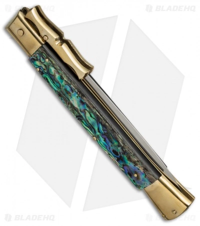 AGA Campolin 13" Bat Swinguard Automatic Brass/Abalone (5.75" Satin Dagger) AGA Campolin 13" Bat Swinguard Automatic Brass/Abalone (5.75" Satin Dagger) -Bladehq Knives Sales aga 13in swing bat abalone dagger br side cm