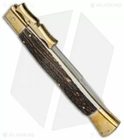 AGA Campolin 13" Bat Swinguard Automatic Brass/Stag Horn (5.75" Satin Bayonet) -Bladehq Knives Sales aga 13in swing bat stag bayo brass side cm