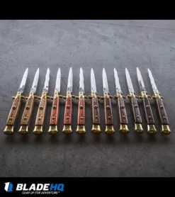 SKM AB 9" Italian Stiletto Automatic Knife Brass/Bocote Wood (4" Satin Bayonet) -Bladehq Knives Sales skm ab wood stiletto variety concrete dl