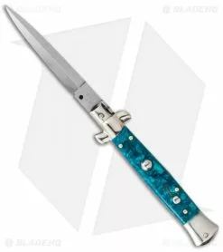 SKM AB 9" Italian Stiletto Automatic Knife Turquoise Acrylic (3.8" Satin Dagger)